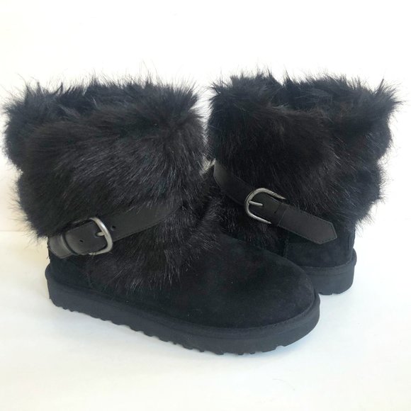 UGG CLASSIC BUCKLE MINI BLACK FAUX FUR SHEARLING LINED BOOT US 6 / EU 37 / UK 4 - Picture 1 of 5